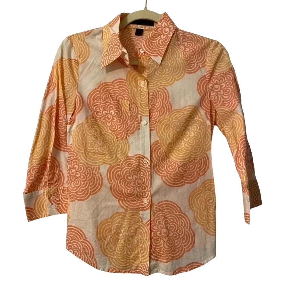 Express Design Studio‎ Orange Floral Medallion Cotton 3/4 Sleeve Shirt Small